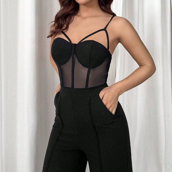 Black Elegant Women's Splicing Mesh Corset Spaghetti Strap Jumpsuit - Picture 5 of 5